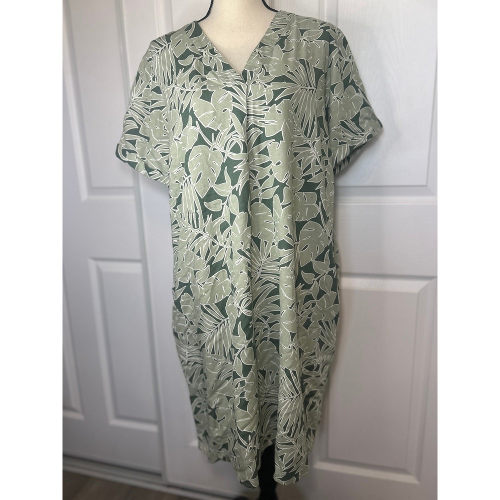 St John's Bay XL Green‎ Tropical Print Linen Shirt Dress Short Sleeve Pockets